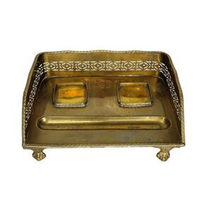 Vintage MCM Mottahedeh Brass Ball Claw Foot Inkwell Pen Tray Desktop Organizer